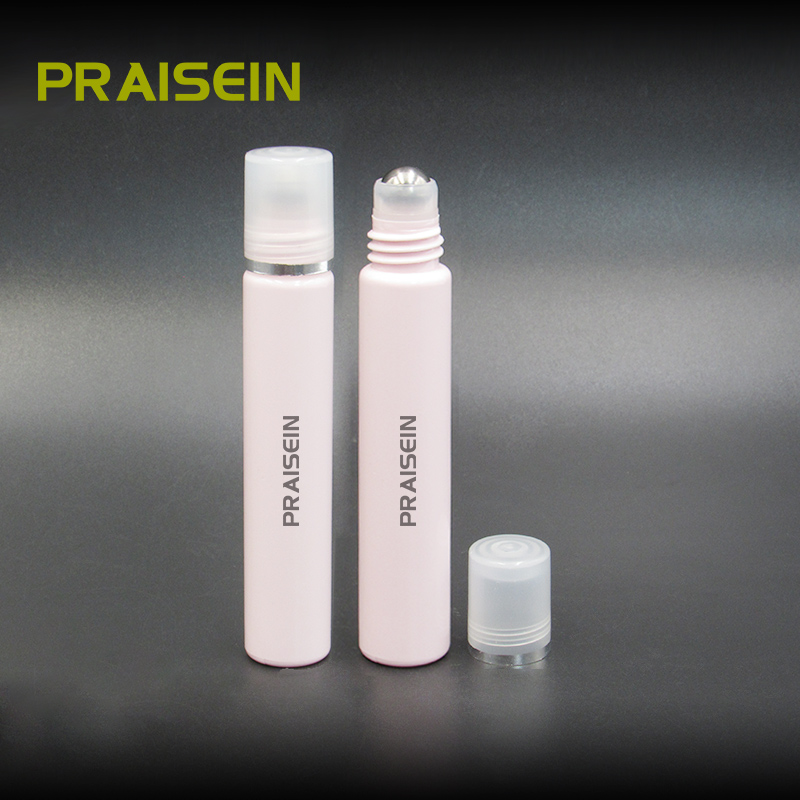 Free sample 13ml round cosmetic essential oil bottle pink plastic perfume roll on bottle with stainless steel metal ball