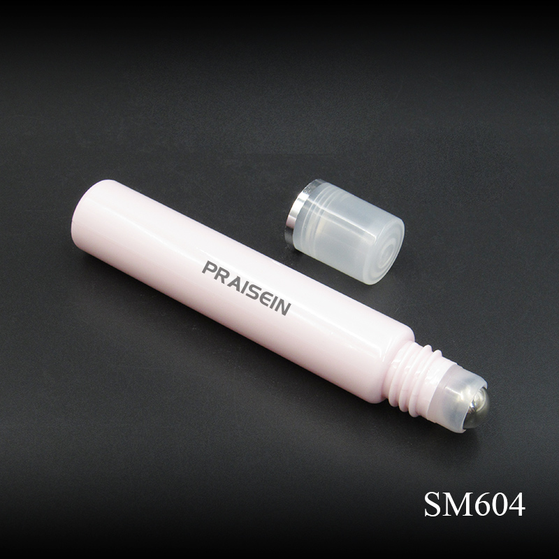 Free sample 13ml round cosmetic essential oil bottle pink plastic perfume roll on bottle with stainless steel metal ball