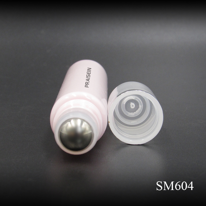 Free sample 13ml round cosmetic essential oil bottle pink plastic perfume roll on bottle with stainless steel metal ball