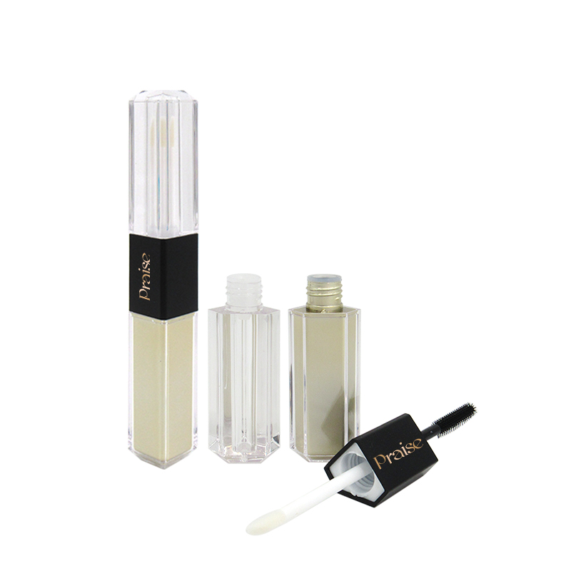 Factory custom 3ml*2 double sided plastic transparent cosmetics lip gloss tube/mascara container with brush