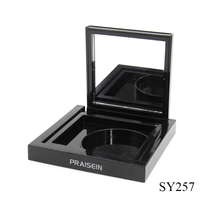 Wholesale cosmetics packaging powder compact case black magnetic adsorption concealer container with mirror