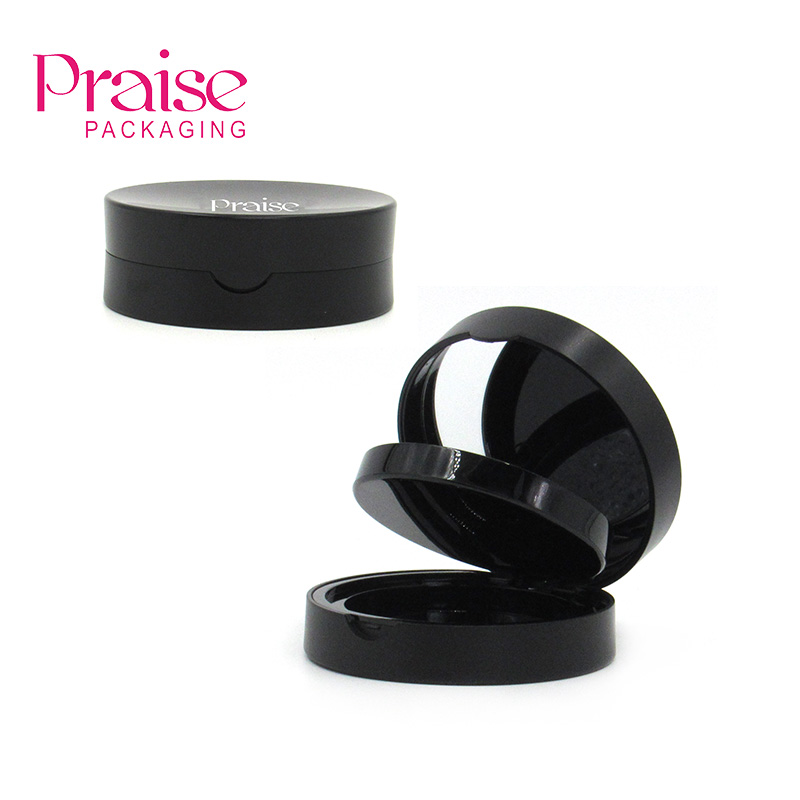 Professional production plastic packaging, black makeup powder case with mirror, clamshell type round compact powder case custom