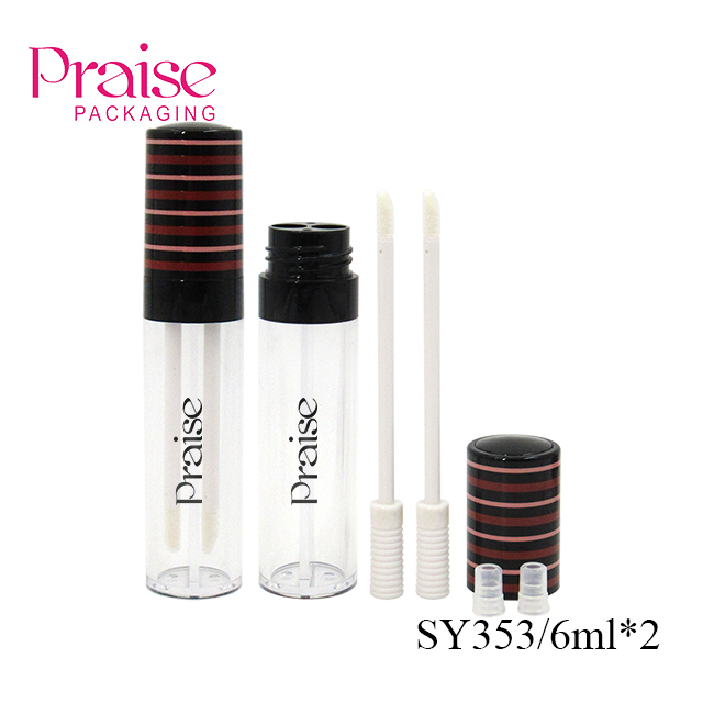 Round empty transparent double lattice lip gloss tube with brush plastic packaging custom 6ml*2 cosmetic lip gloss container