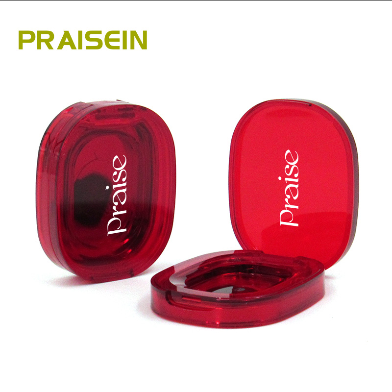 Wholesale production oval red plastic eye shadow container cosmetic packaging, portable clamshell small eyeshadow case