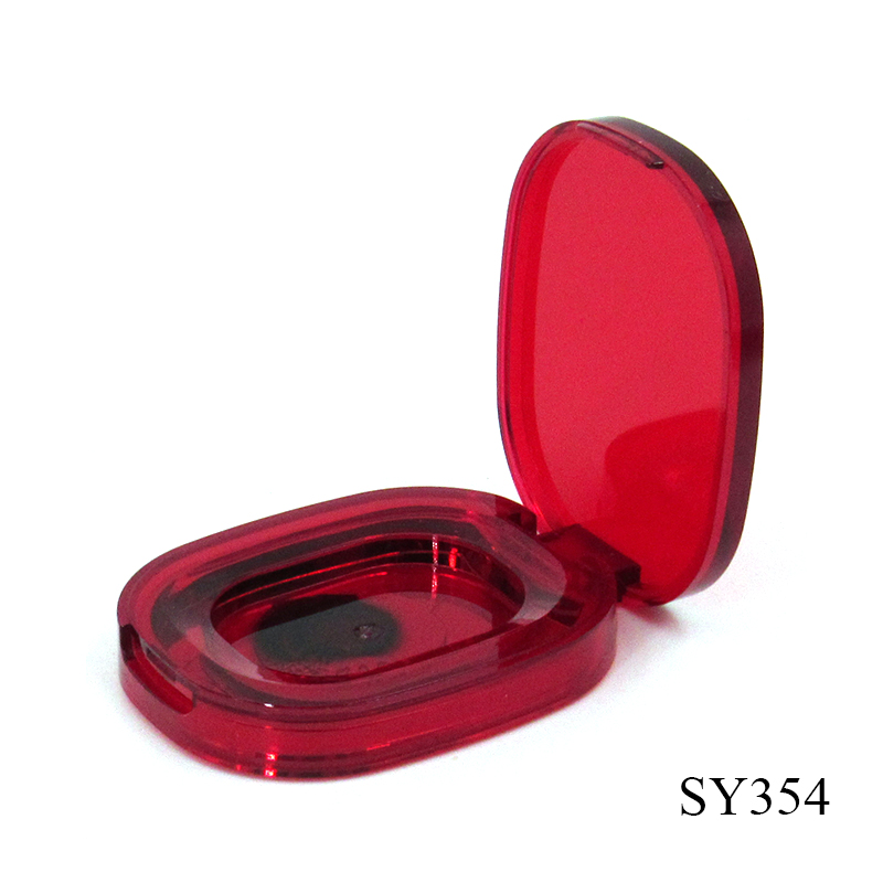 Wholesale production oval red plastic eye shadow container cosmetic packaging, portable clamshell small eyeshadow case