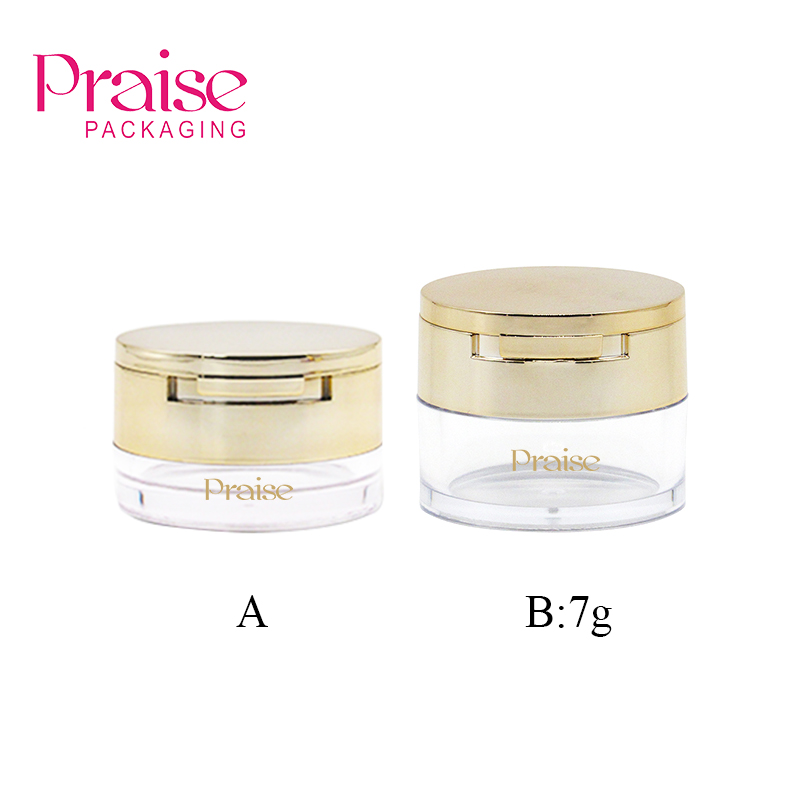 7g non-leaky empty puff case, loose powder container packaging, golden round plastic cosmetics jar with mirror