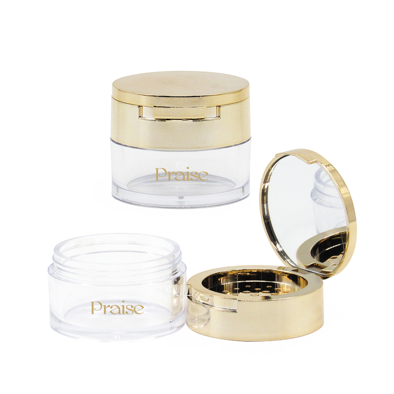 7g non-leaky empty puff case, loose powder container packaging, golden round plastic cosmetics jar with mirror