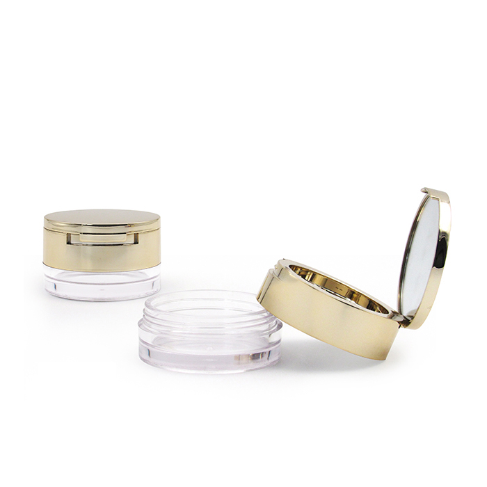 7g non-leaky empty puff case, loose powder container packaging, golden round plastic cosmetics jar with mirror