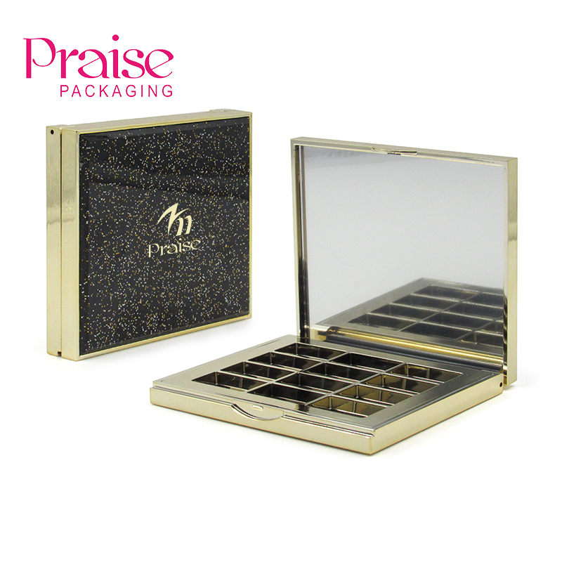 Makeup custom 12 color plastic starry eyeshadow case packaging, Gold square multicolor empty eyeshadow palette with mirror