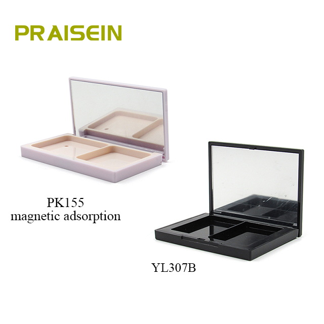 Rectangular plastic 2 color compact case packing custom magnetic button adsorption blush highlight case