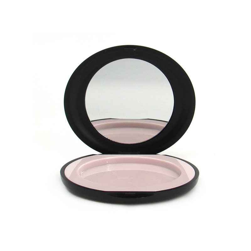 Black flip type compact powder case packaging, elliptical empty plastic powder compact container with mirror manufacturers sales