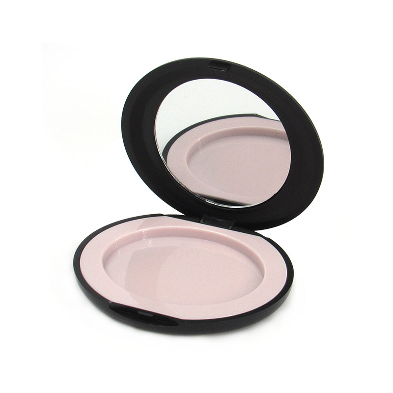 Black flip type compact powder case packaging, elliptical empty plastic powder compact container with mirror manufacturers sales