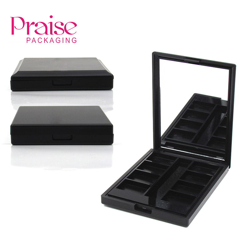 wholesale custom makeup packaging empty rectangle 8 color eyeshadow case container with mirror and placeable brush