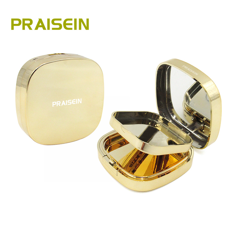 OEM gold plastic cosmetic compact powder packaging custom logo square double layer compact powder case with mirror