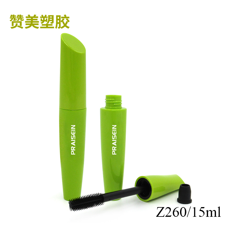 Custom green smooth plastic mascara tubes, special-shaped cosmetic mascara container with brush