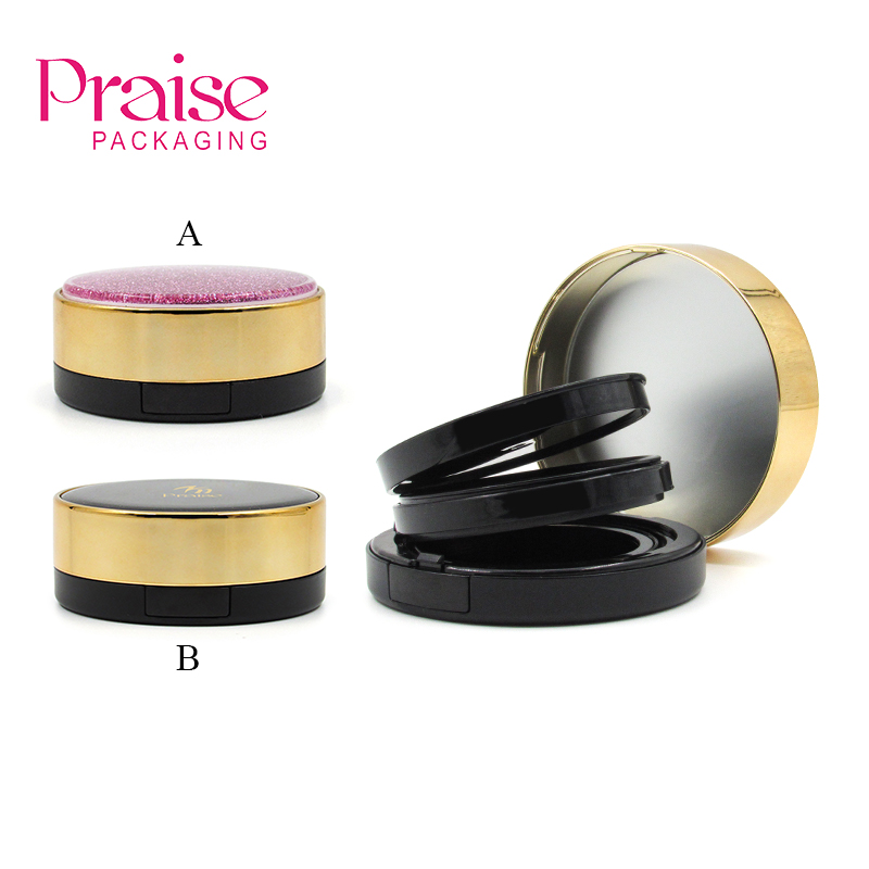 Custom new designs shiny quicksand makeup empty air cushion foundation BB powder case container cosmetic packaging with mirror