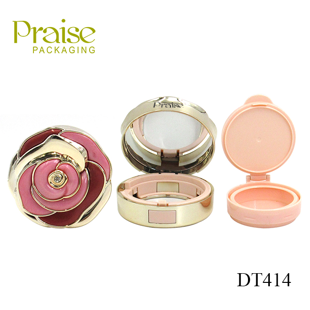 Rose design round plastic air cushion BB cream container cosmetic packaging empty liquid foundation case with mirror