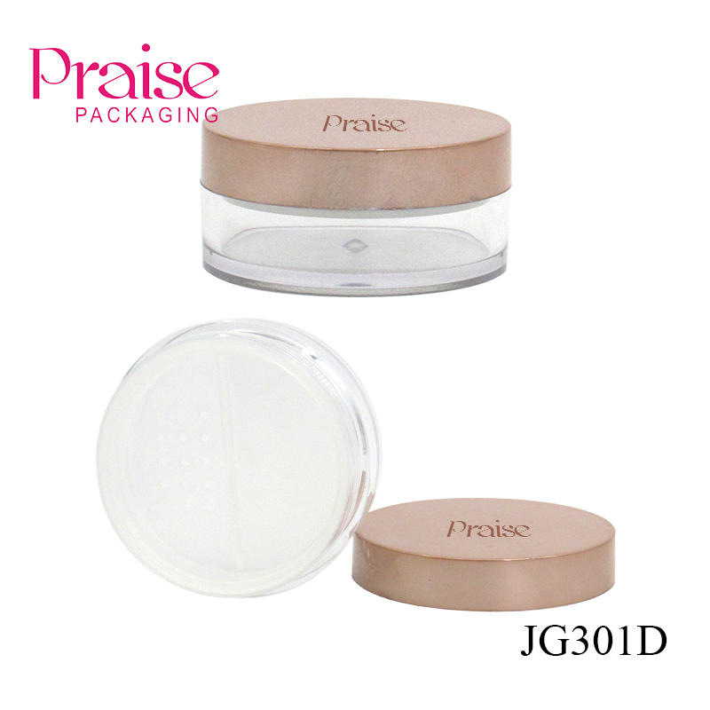 Factory manufactures wholesale cosmetics round empty clear loose powder case, plastic powder container with rotary mesh screen