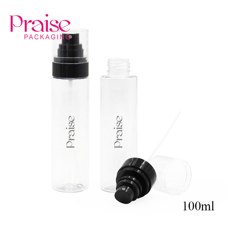 Sales 100ml empty can be filled make up water spray bottle PET transparent nozzle bottle with fine mist pump skin care packaging